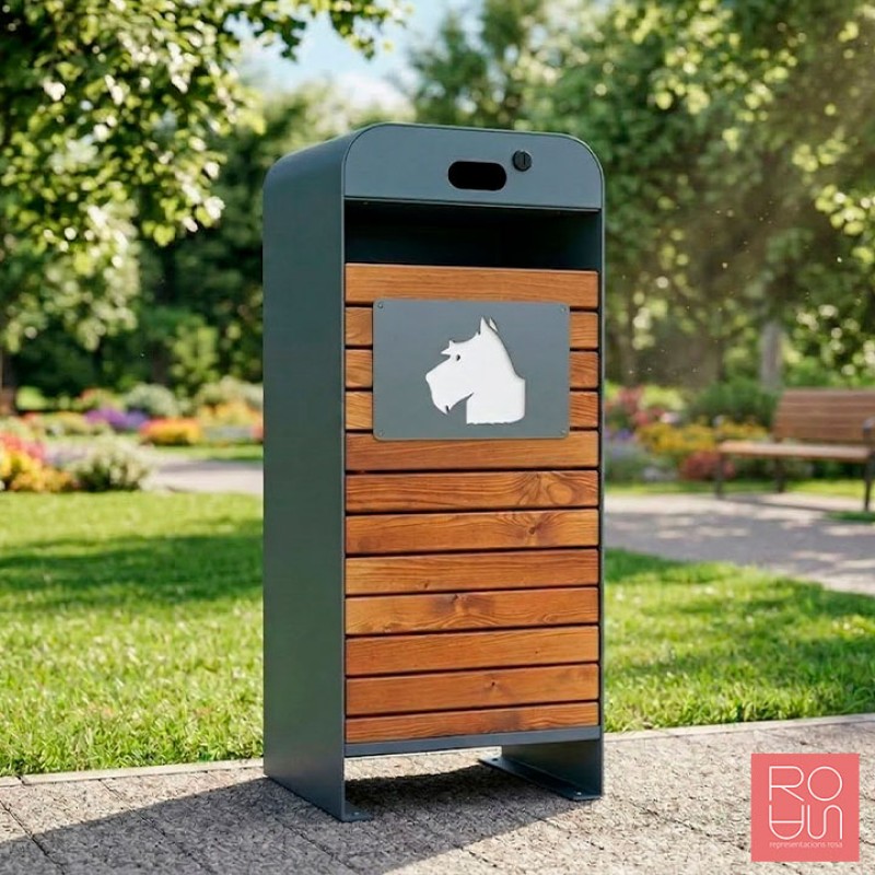 Paperera canina amb frontal de fusta model Hèlix i amb dispensador de bosses